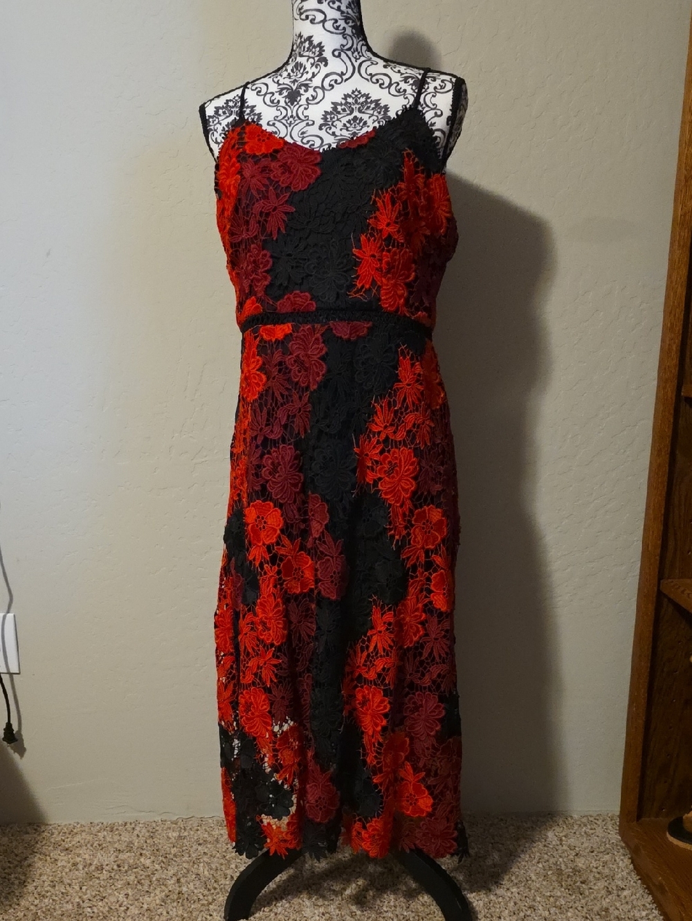 Boston Proper Black Midi Dress with Red Floral Lace Overlay